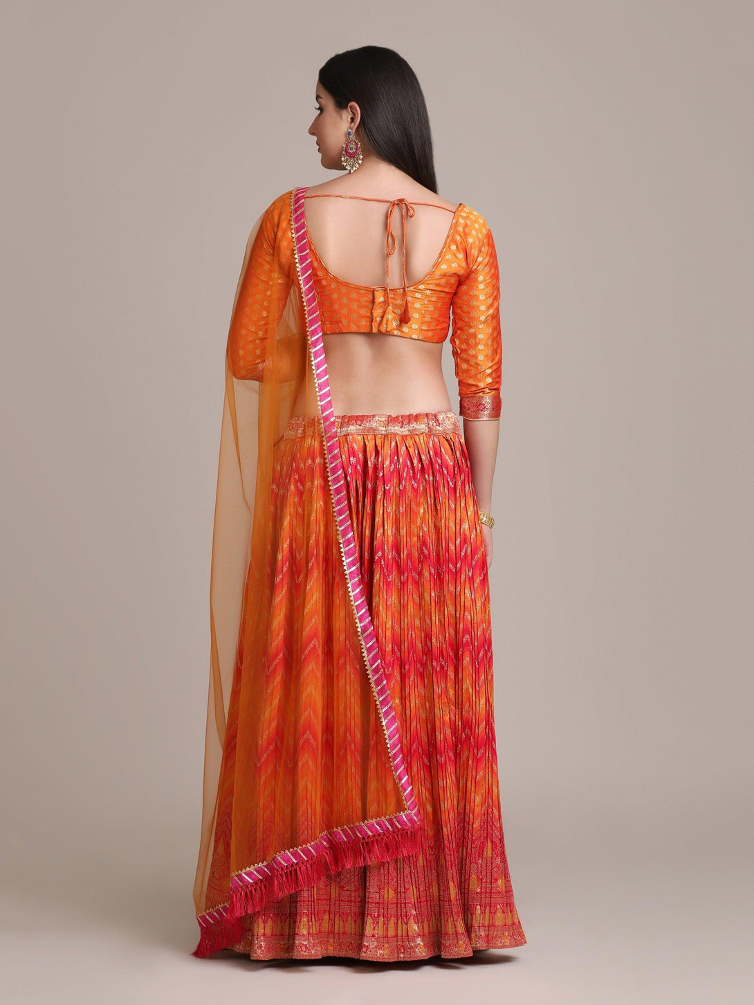 Orange Silk Blend Pleated Lehenga Choli with Zari Work - Indiakreations