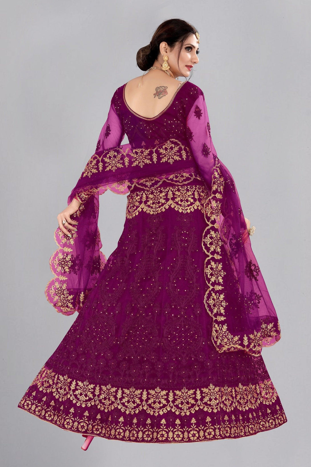 Purple and Gold Embroidered Net Lehenga Choli Semi-Stitched - Indiakreations