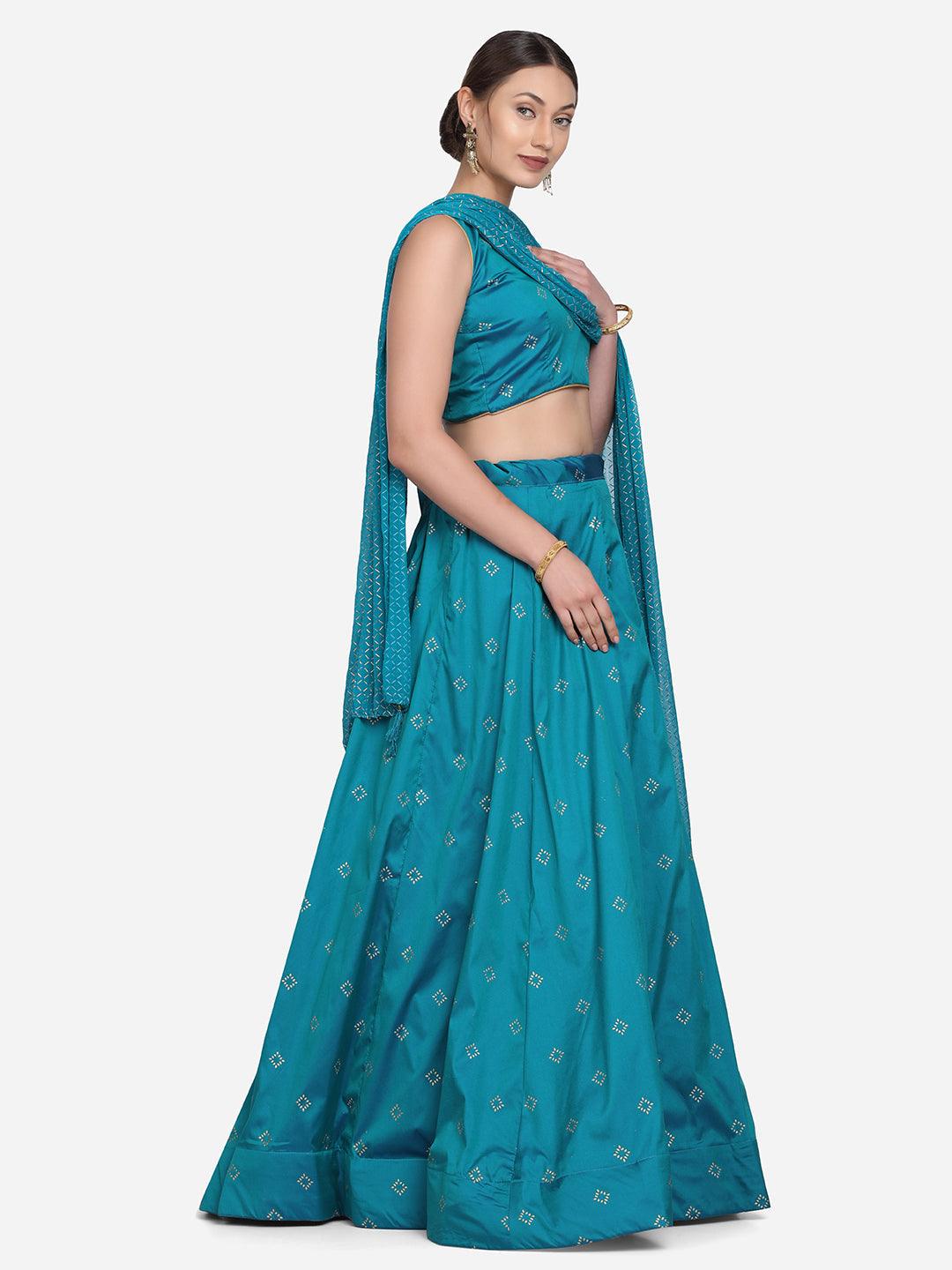 Rama Taffeta Silk Lehenga Choli with Foil Work - Indiakreations