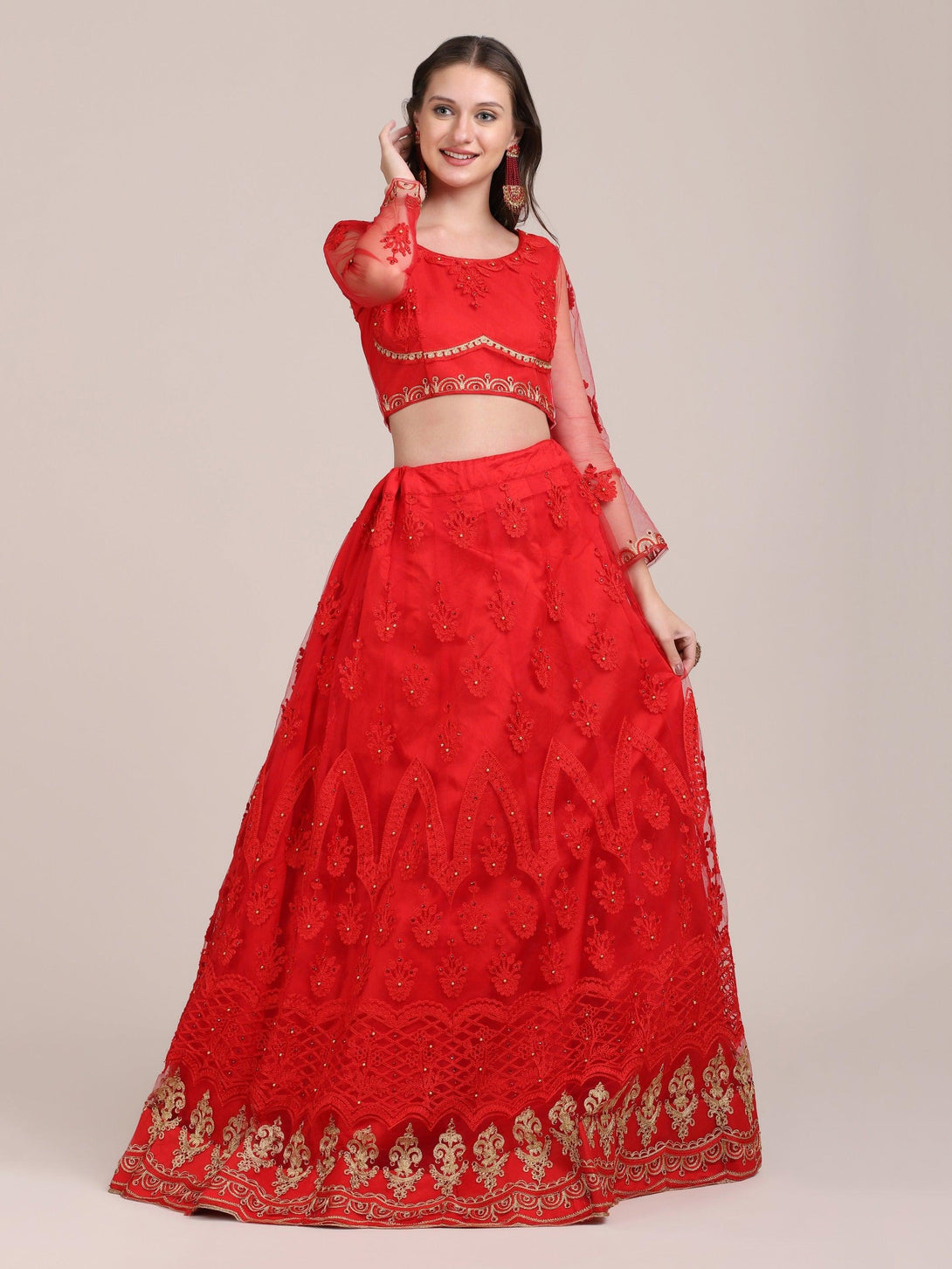 Red Semi-Stitched Net Lehenga Choli with Golden Embroidery - Indiakreations