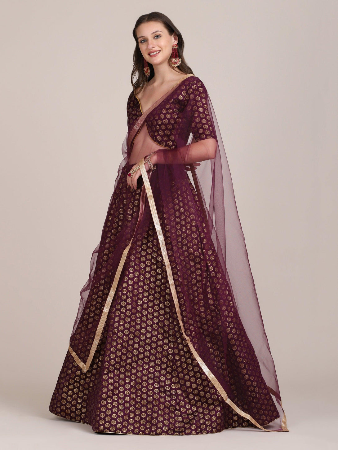 Purple Jacquard Silk Lehenga Choli with Zari Work - Indiakreations