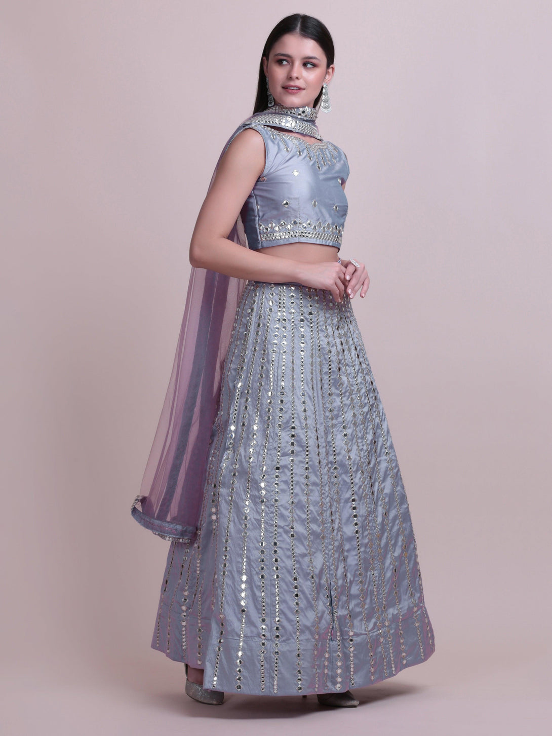 Grey Taffeta Silk Lehenga Choli with Mirror-Work - Indiakreations