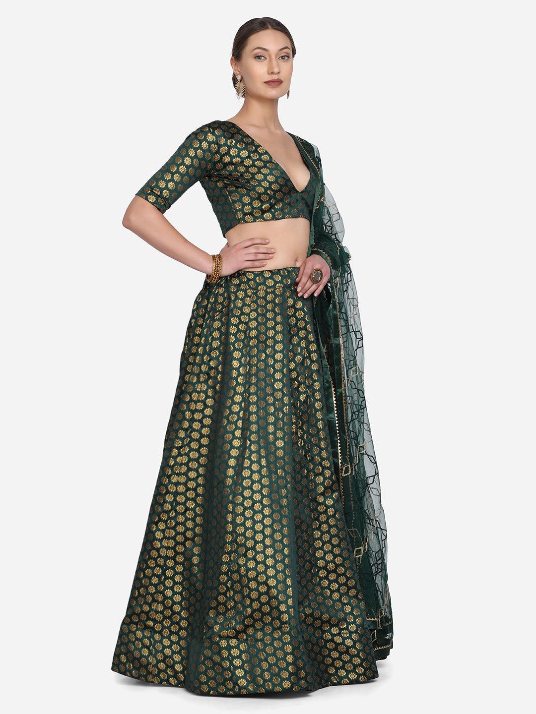 Green Jacquard Silk Lehenga Choli with Zari Work - Indiakreations