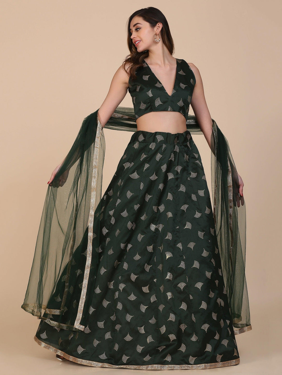 Green Taffeta Silk Lehenga Choli with Foil Work - Indiakreations