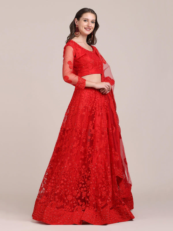 Red Net Lehenga Choli with Floral Embroidery - Indiakreations