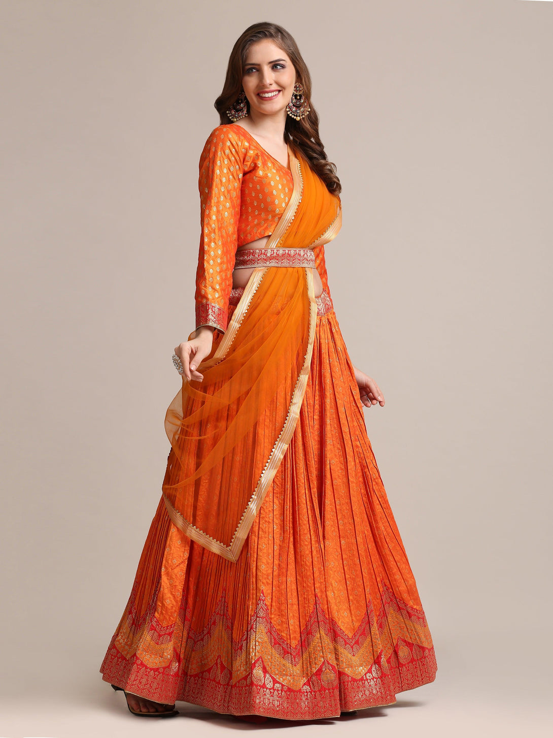 Orange Gold Woven Pleated Lehenga Choli in Ethnic Pattern - Indiakreations