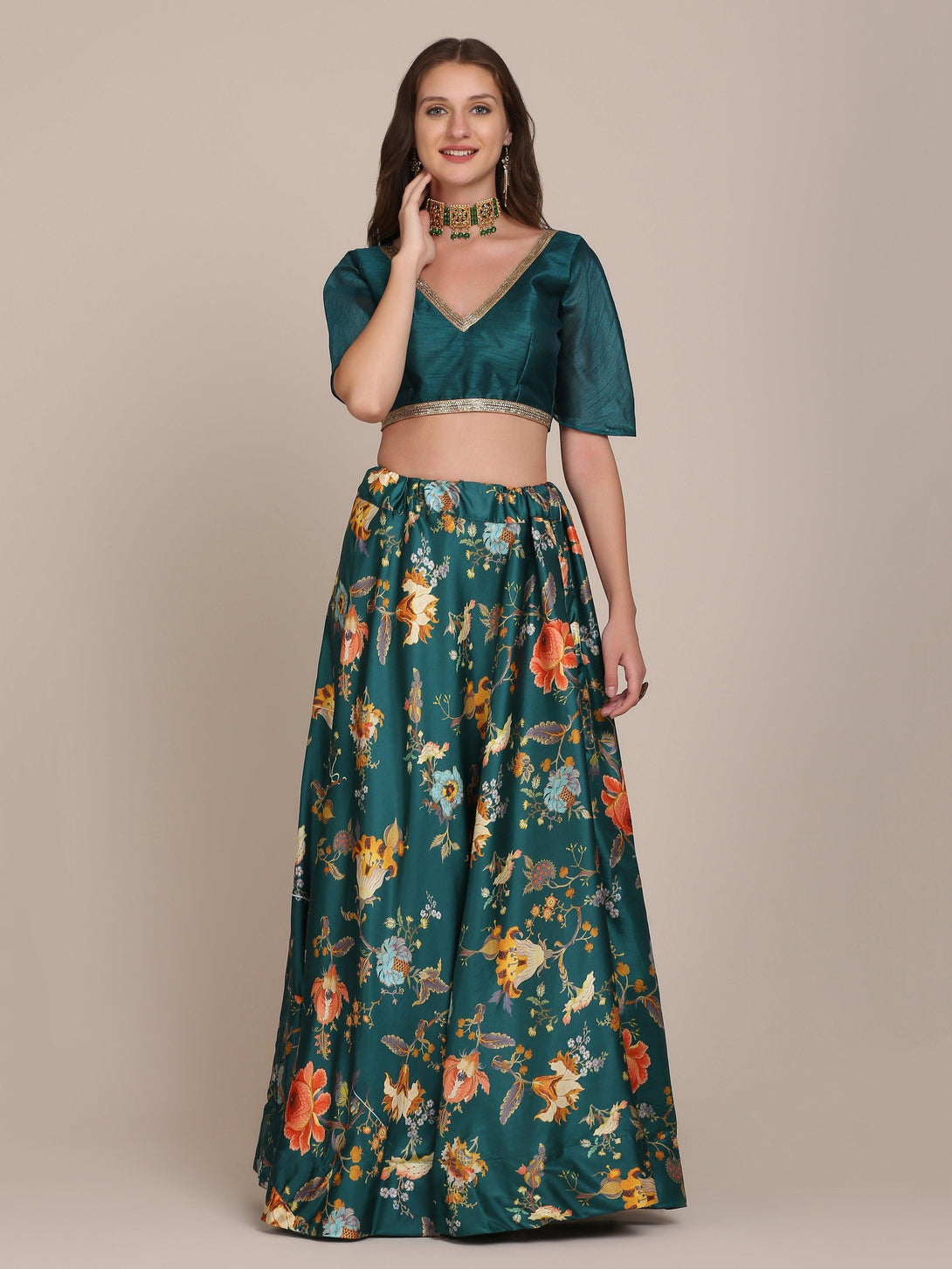 Sea Green Floral Print Banglory Silk Lehenga Choli - Indiakreations