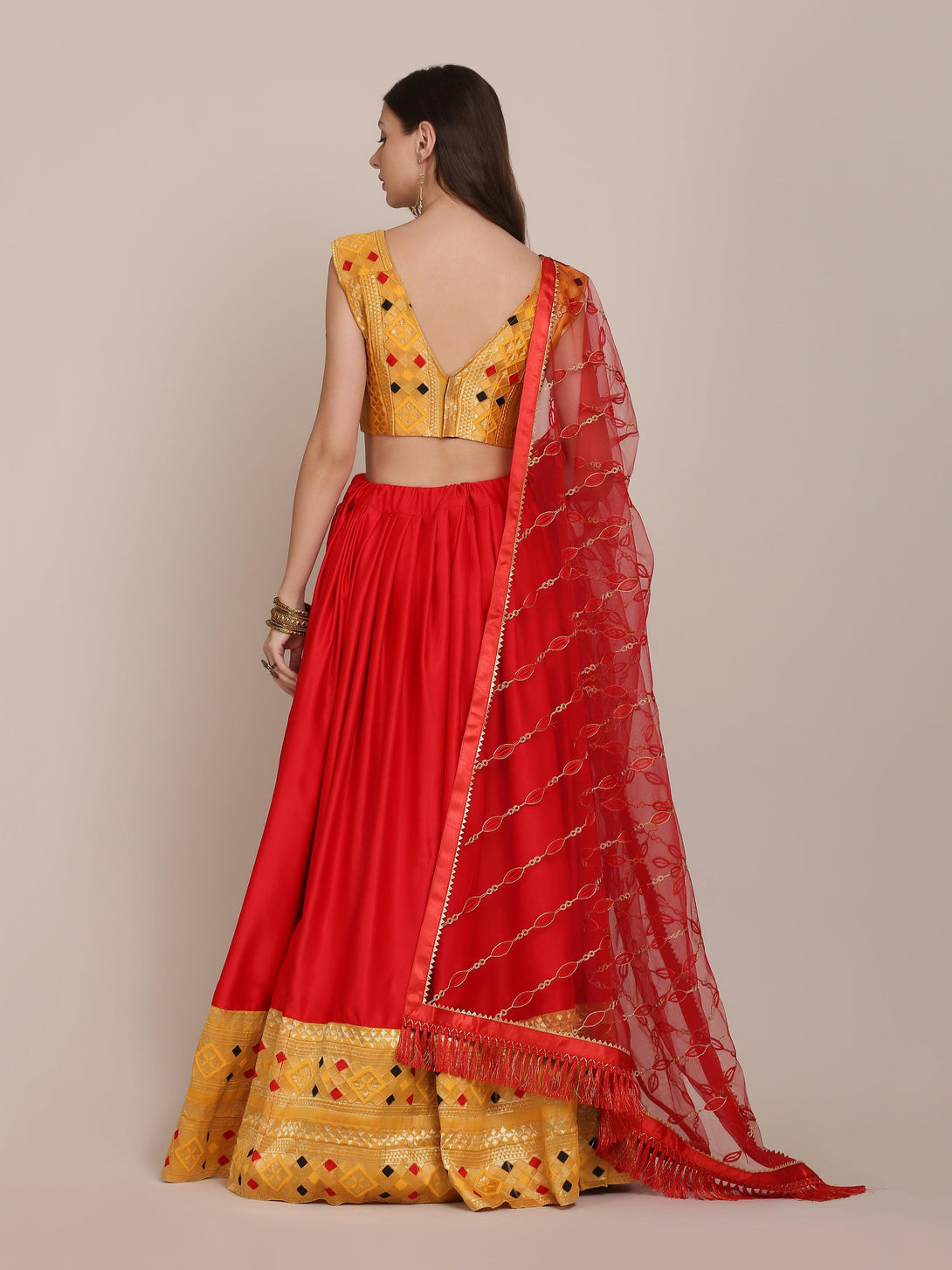 Red and Yellow Satin Silk Lehenga Choli - Indiakreations