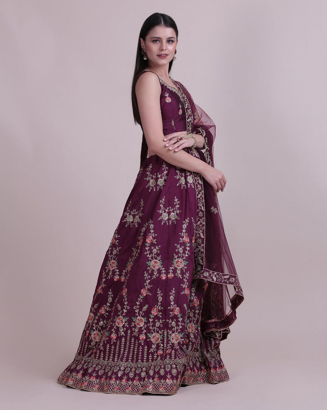 Purple Jacquard Silk Lehenga Choli with Emboidery - Indiakreations