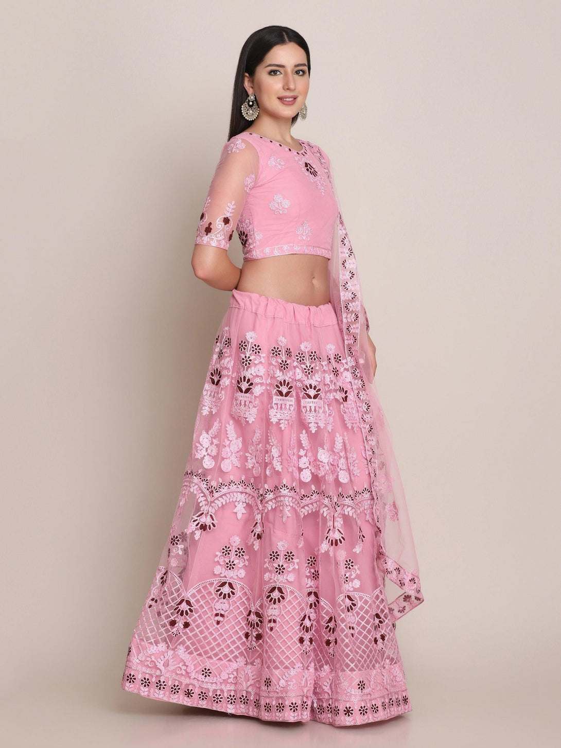 Light Pink Net Lehenga Choli with Floral Embroidery - Indiakreations