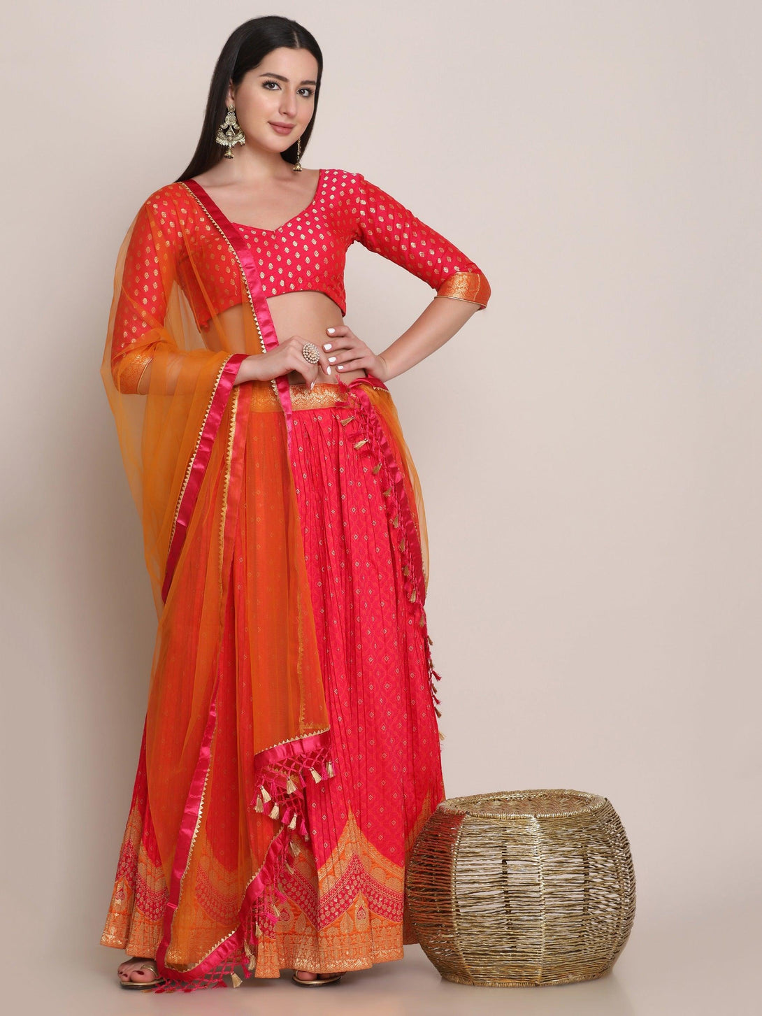 Pink Silk Blend Lehenga Choli with Gold Zari Work - Indiakreations