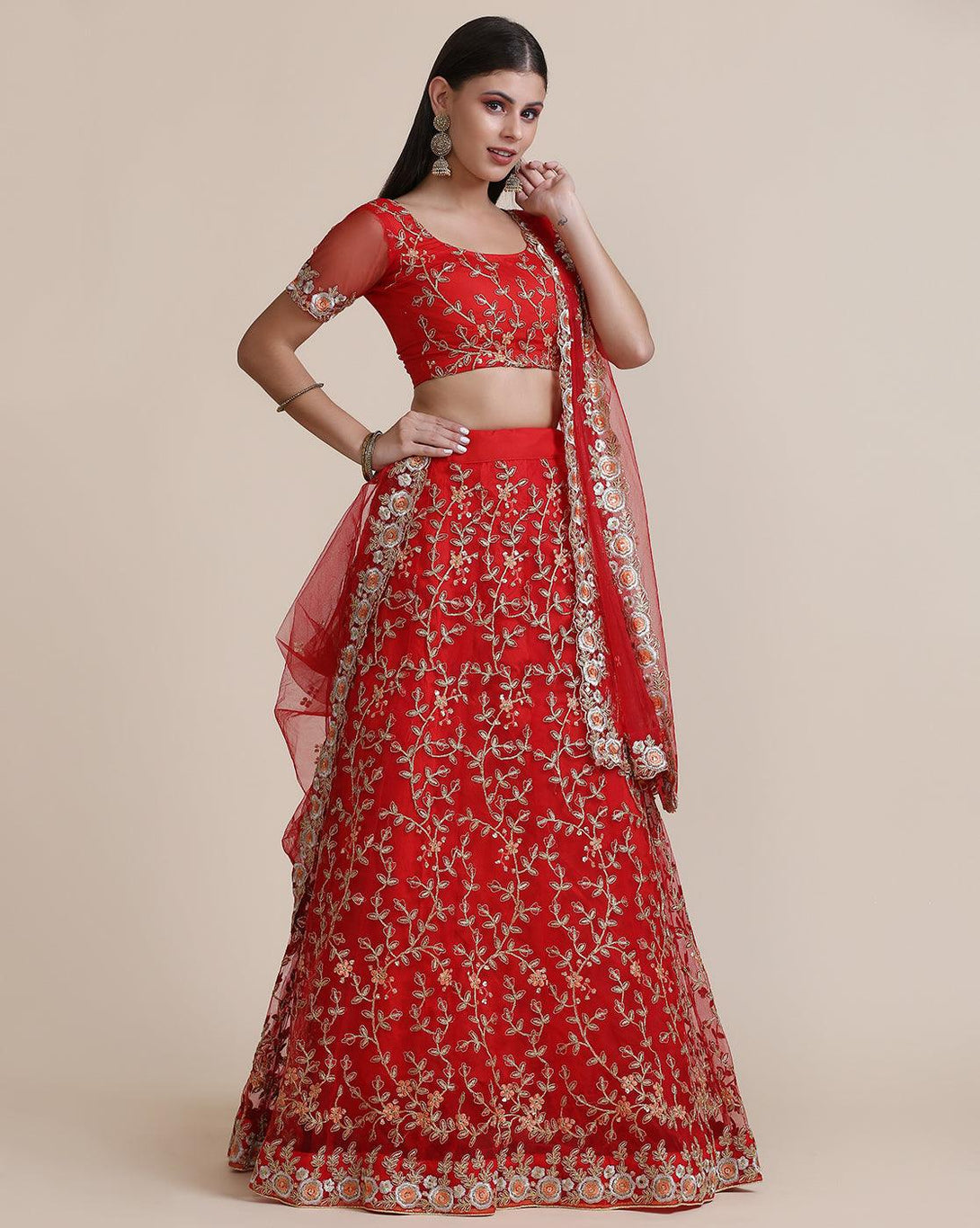 Red Net Lehenga Choli with Heavy Gold Embroidery - Indiakreations