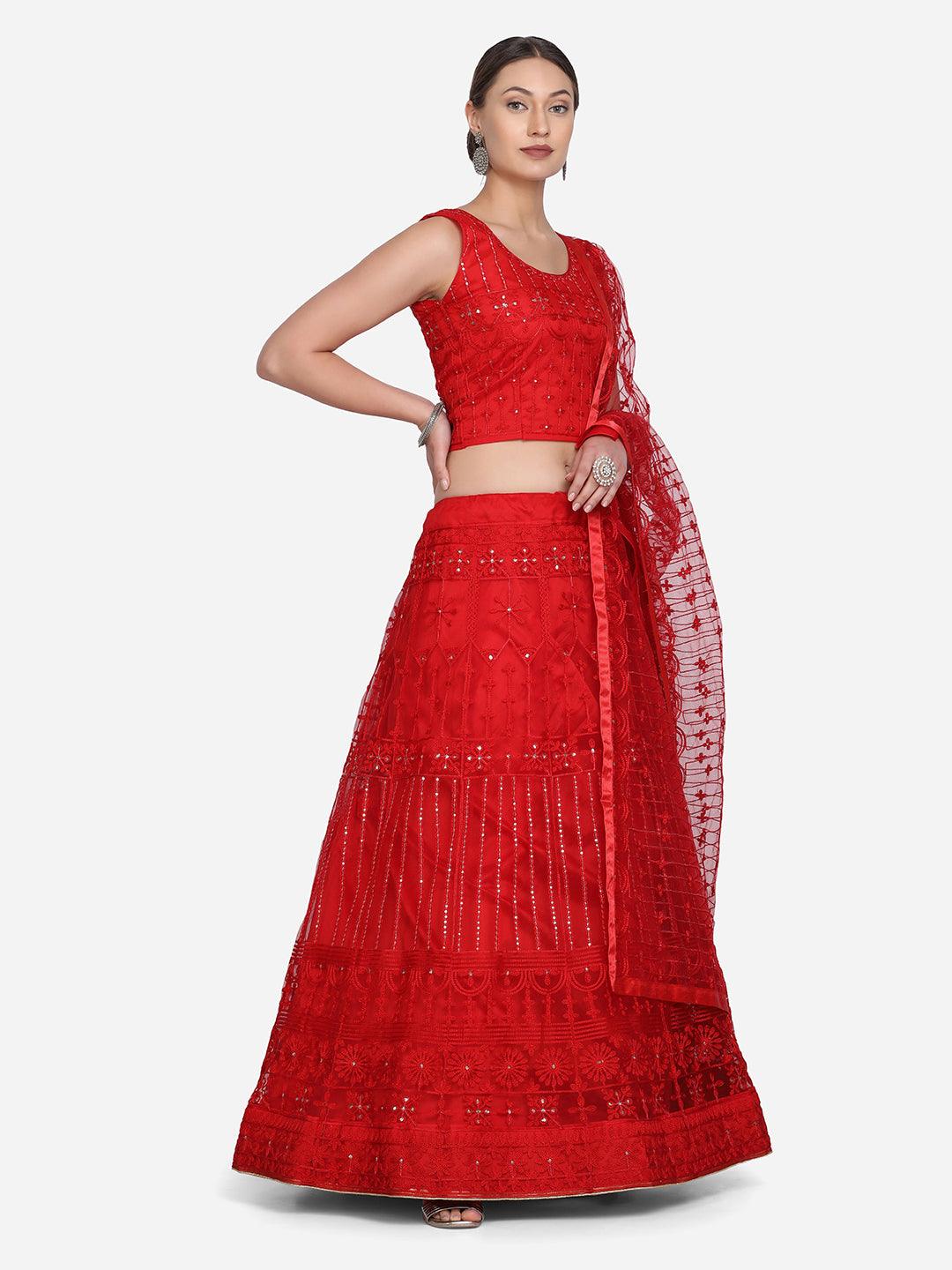 Heavy Net Lehenga Choli with Ethinc Embroidery in Red - Indiakreations