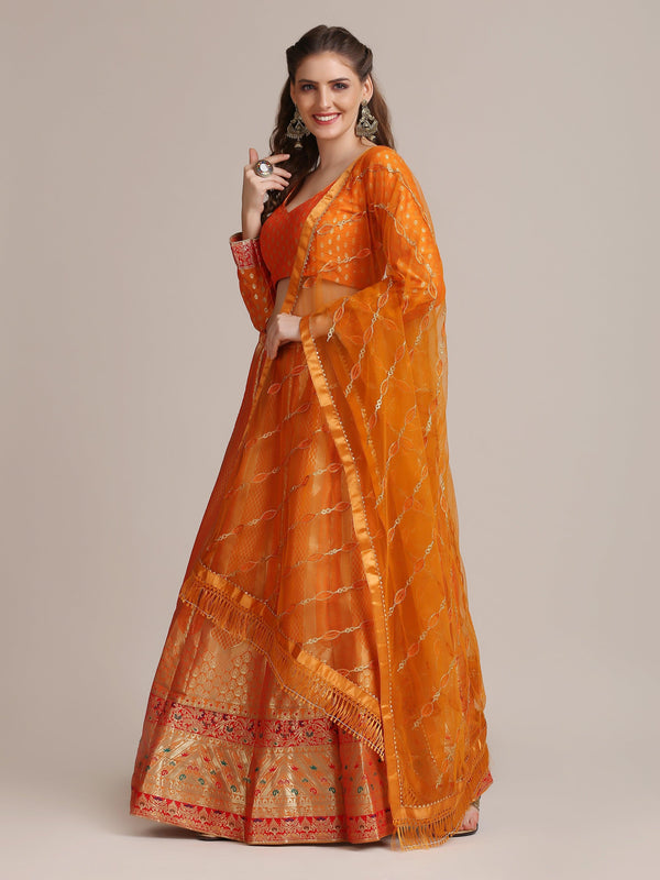 Mustard Floral Gold Woven Jacquard Silk Lehenga Choli - Indiakreations