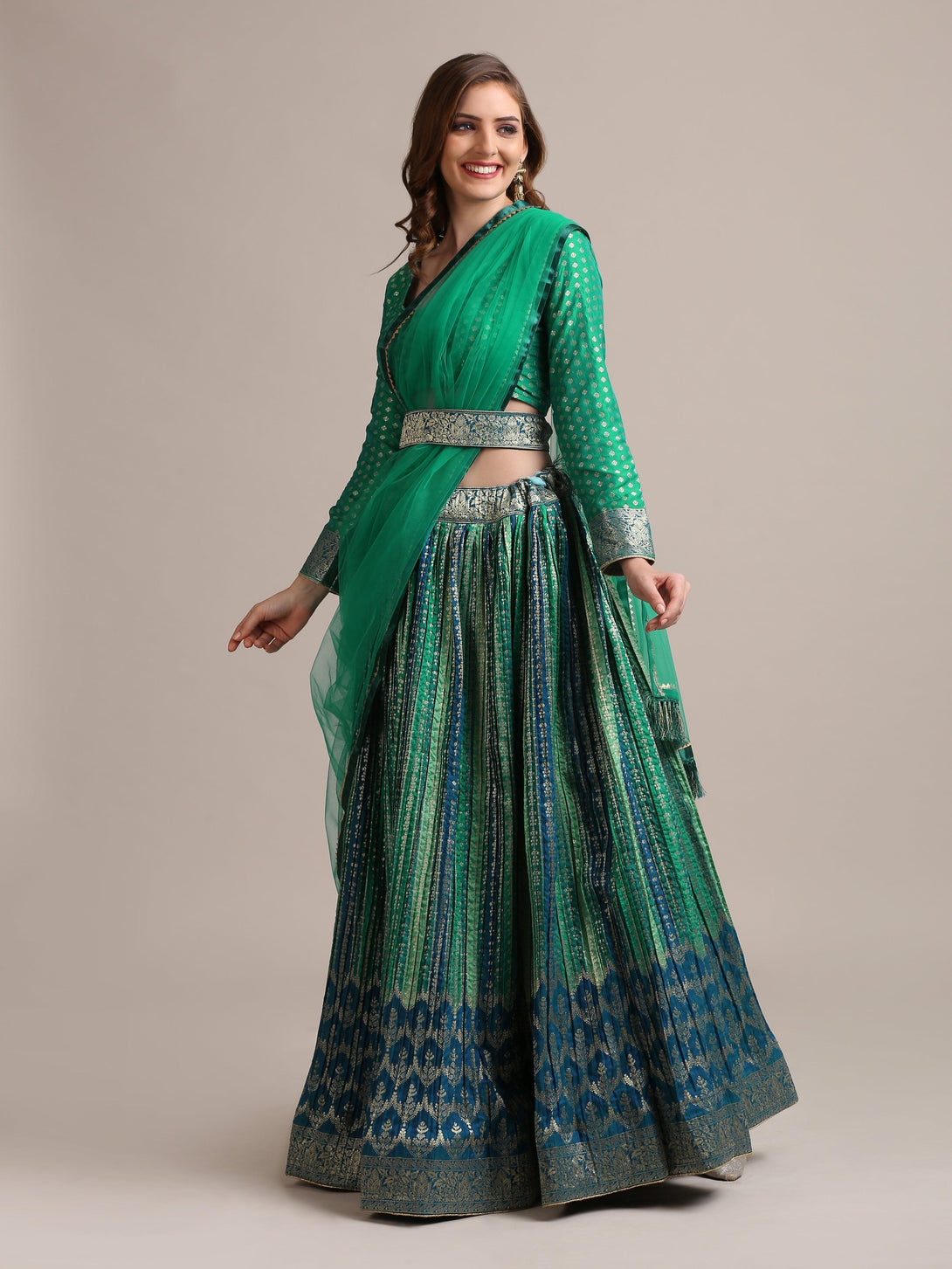 Rama Gold Woven Pleated Lehenga Choli with Belt - Indiakreations