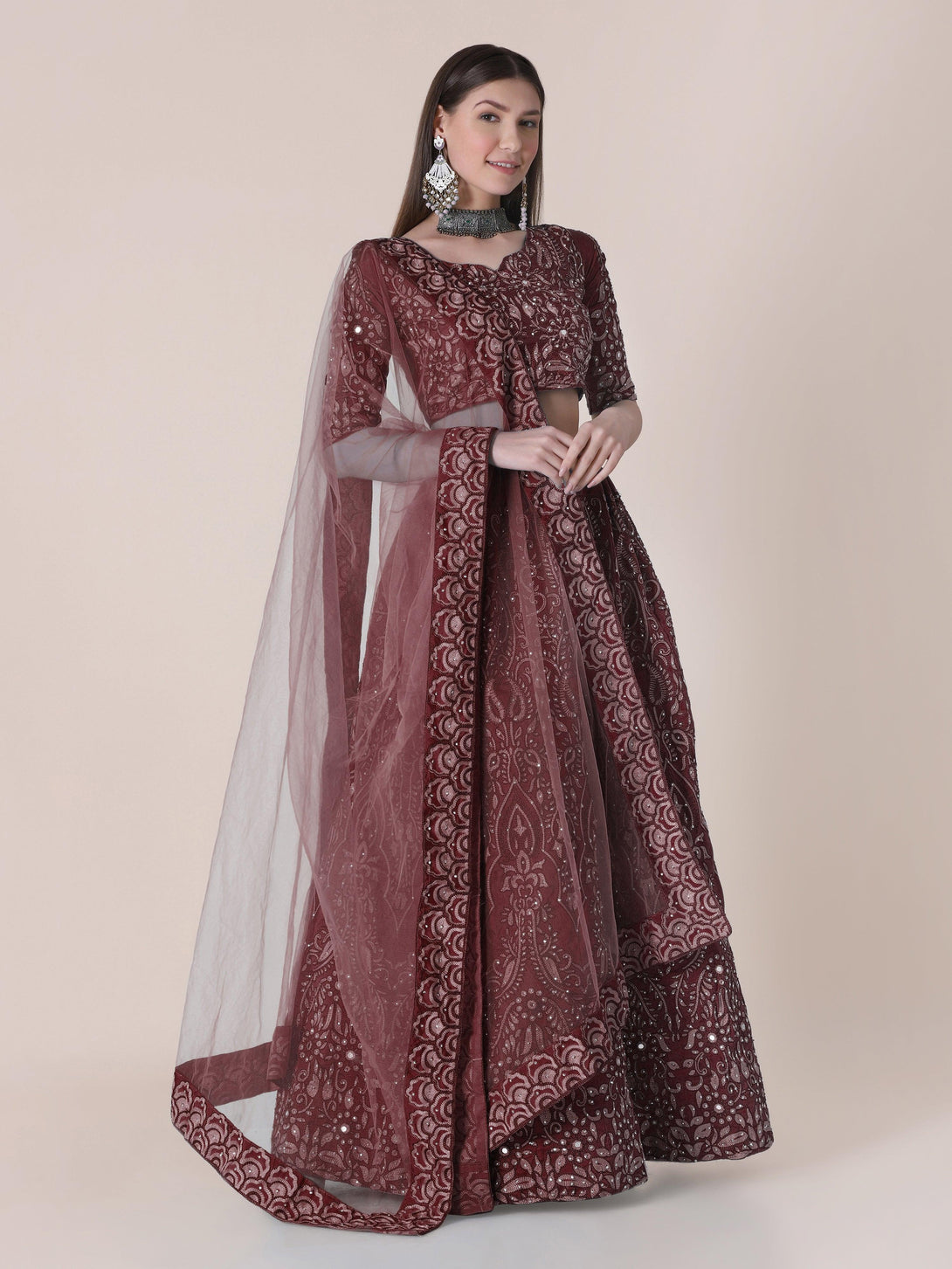 Maroon Taffeta Silk Lehenga Choli with Floral Embroidery - Indiakreations