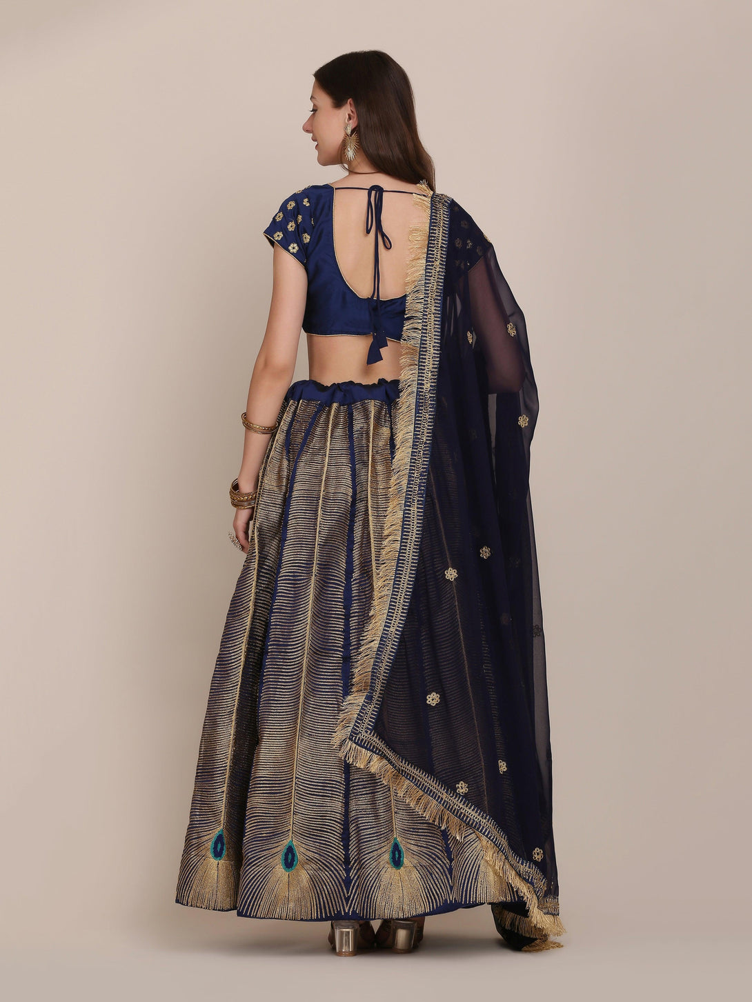 Navy Blue Morpankh Print Banglory Silk Lehenga Choli - Indiakreations