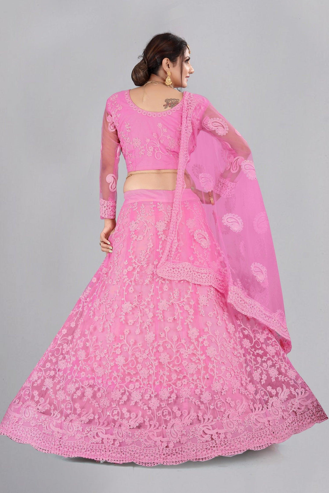 Baby Pink Net Lehenga Choli with Floral Embroidery - Indiakreations
