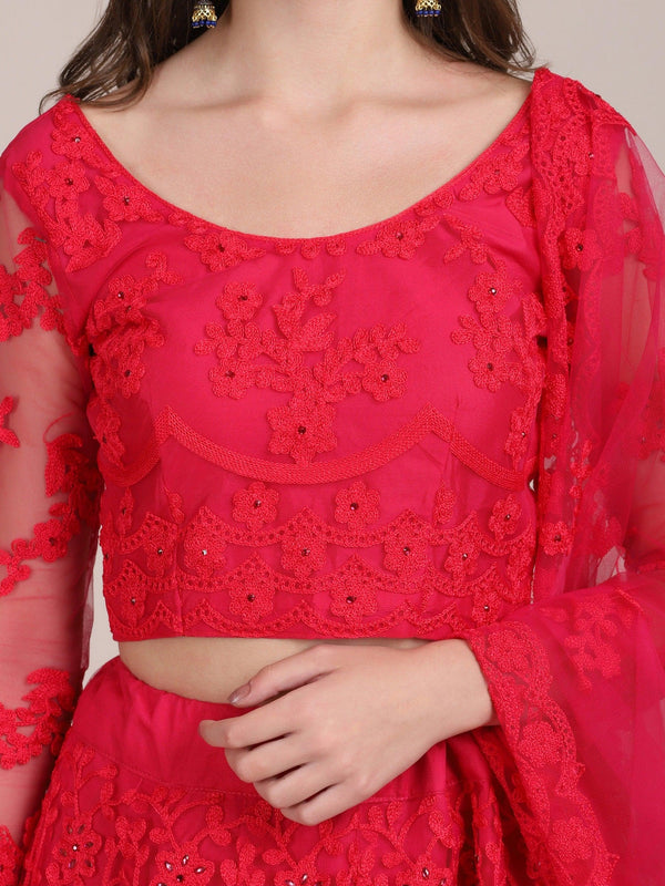 Hot Pink Net Lehenga Choli with Floral Embroidery - Indiakreations