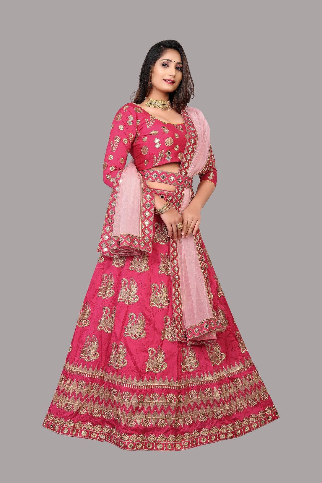 Semi-Stitched Pink Taffeta Silk Lehenga Choli - Indiakreations