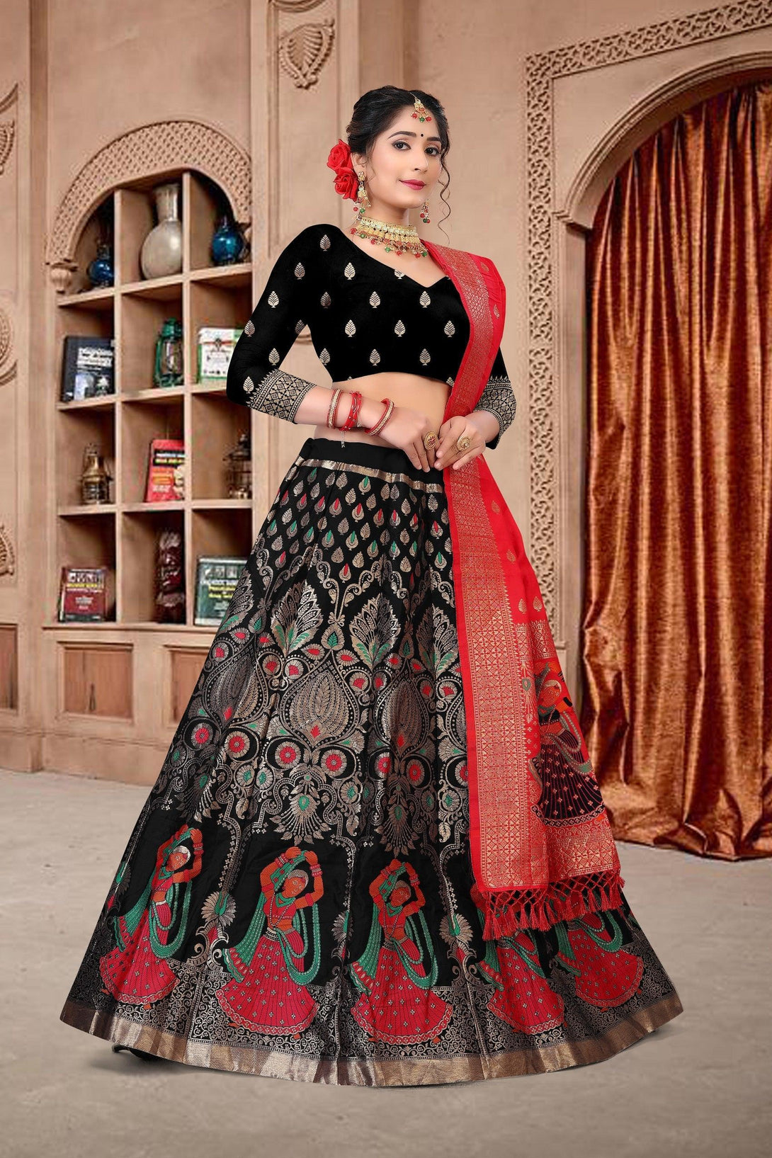 Black Jacquard Silk Lehenga Choli with Emboidery - Indiakreations