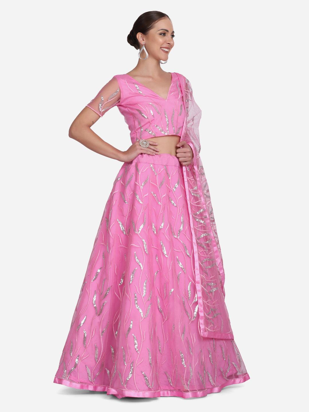 Light Pink Heavy Net Lehenga Choli Semi-Stitched - Indiakreations