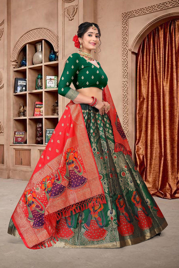Green Jacquard Silk Lehenga Choli with Emboidery - Indiakreations