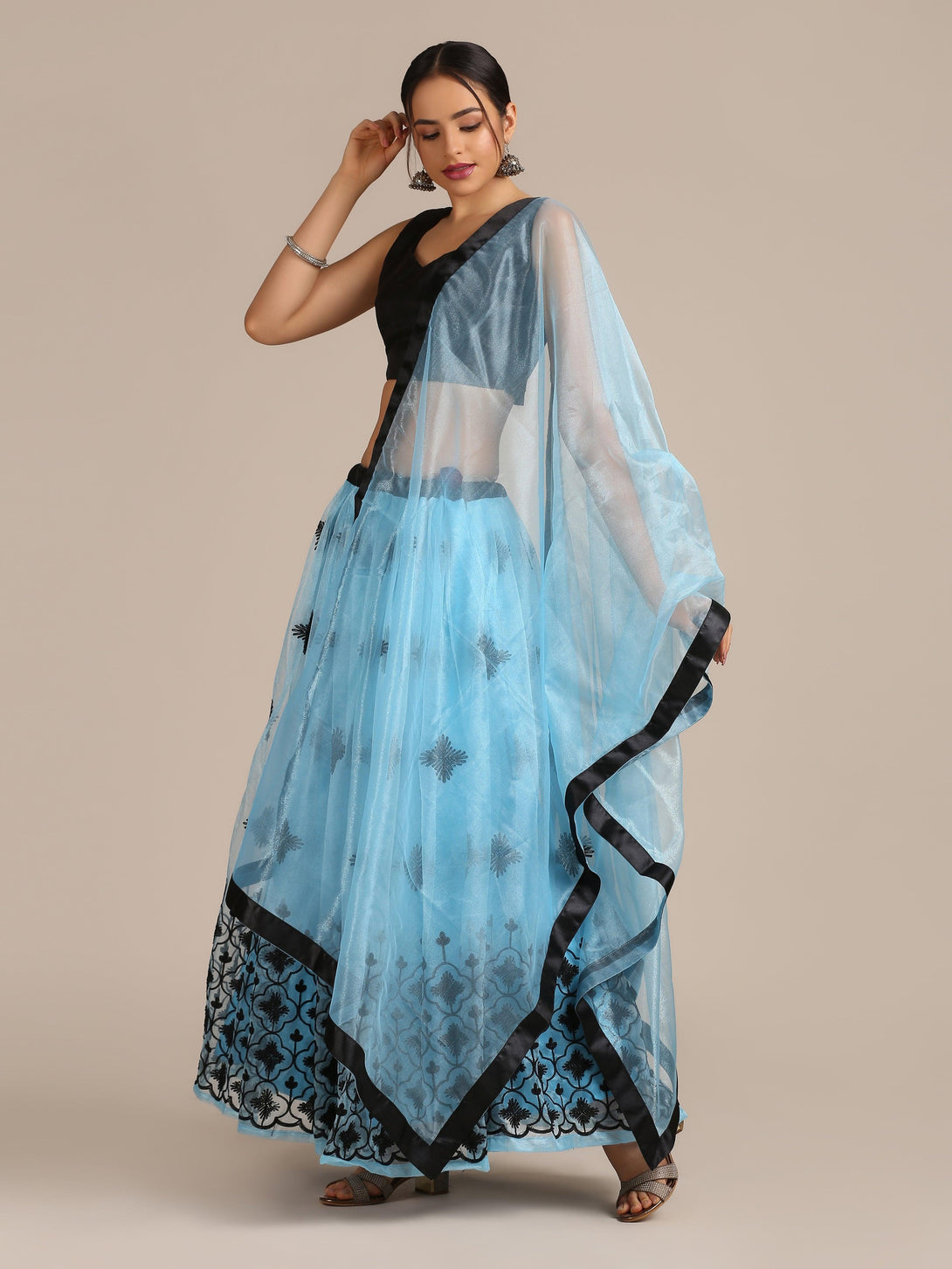 Light Blue Heavy Net Lehenga Choli Semi-Stitched - Indiakreations