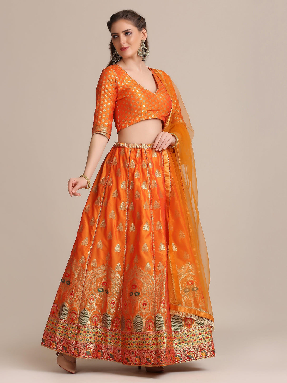 Mustard Jacquard Silk Lehenga Choli with Green and Gold Woven Work - Indiakreations