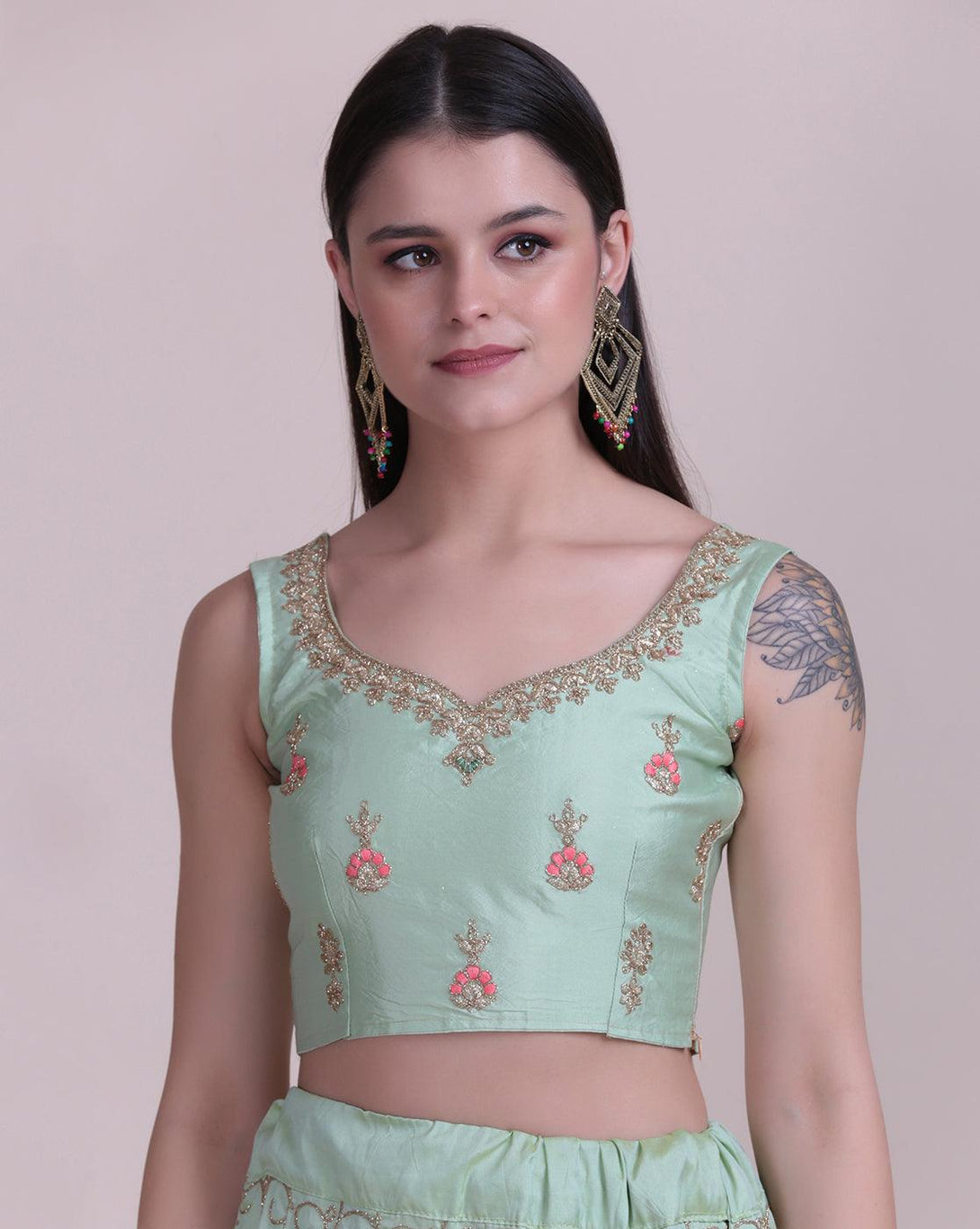 Light Green Taffeta Silk Lehenga Choli with Floral Embroidery - Indiakreations