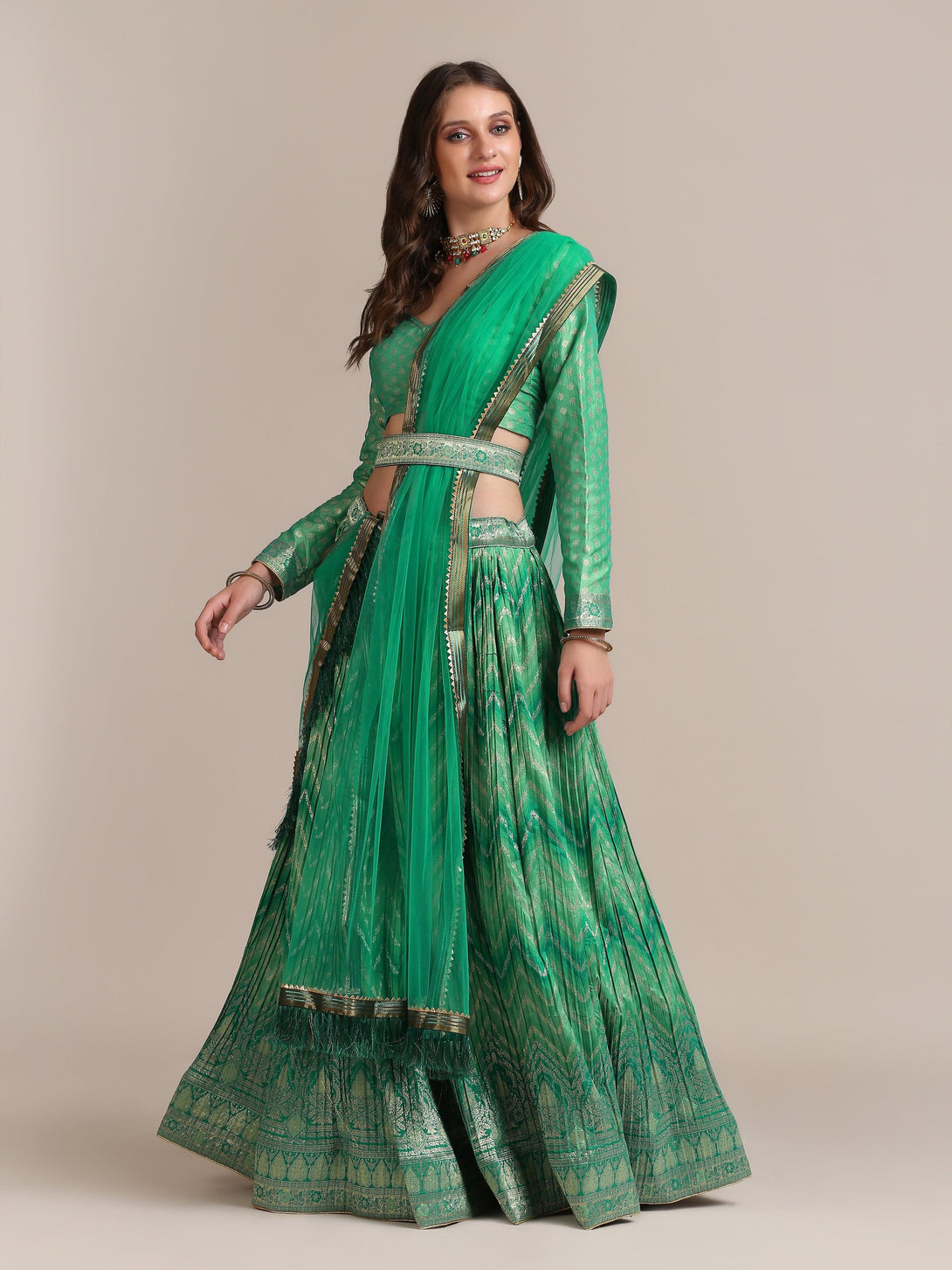 Green Gold Woven and Pleated Lehenga Choli - Indiakreations