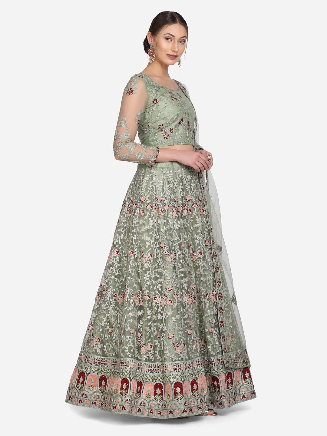 Light Green Net Lehenga Choli with Floral Embroidery - Indiakreations