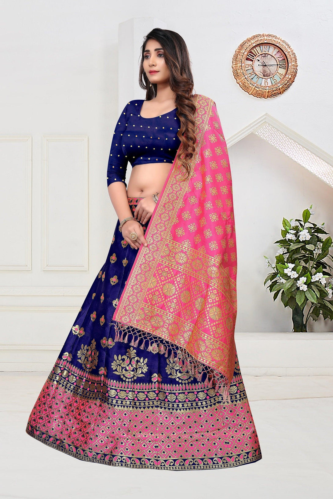 Multi Coloured Jacquard Silk Lehenga Choli with Gold Weaving - Indiakreations