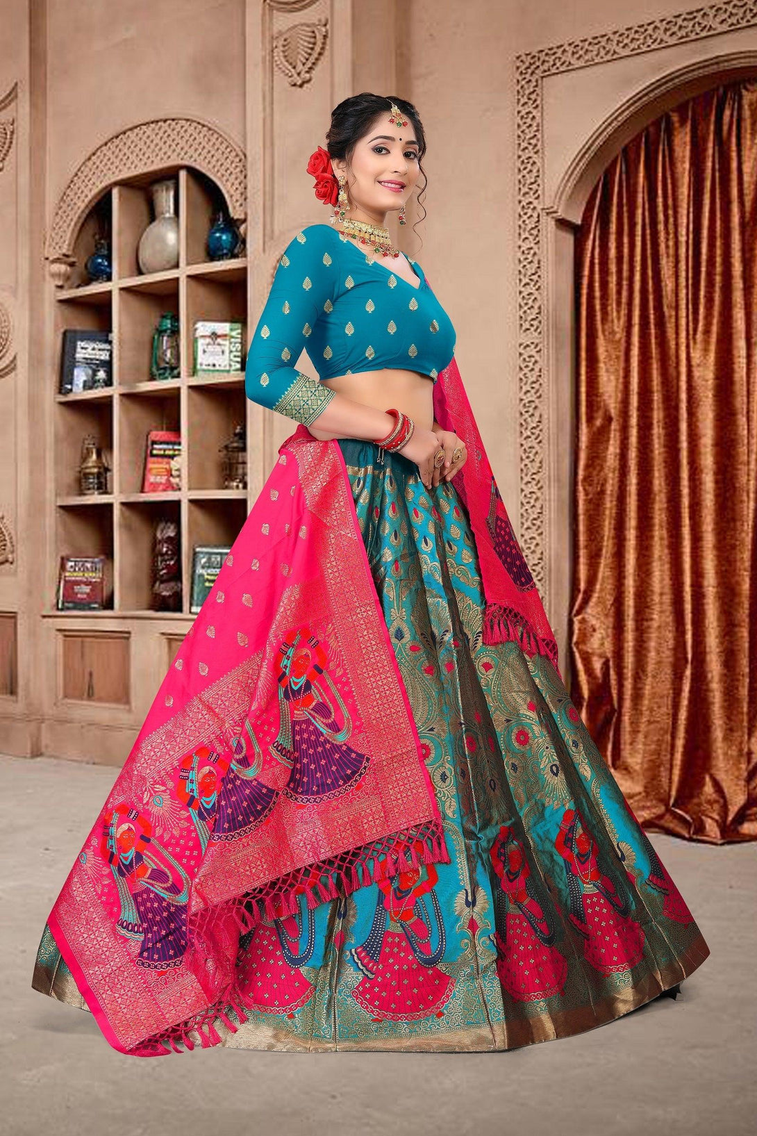 Sky Blue Jacquard Silk Lehenga Choli with Emboidery - Indiakreations