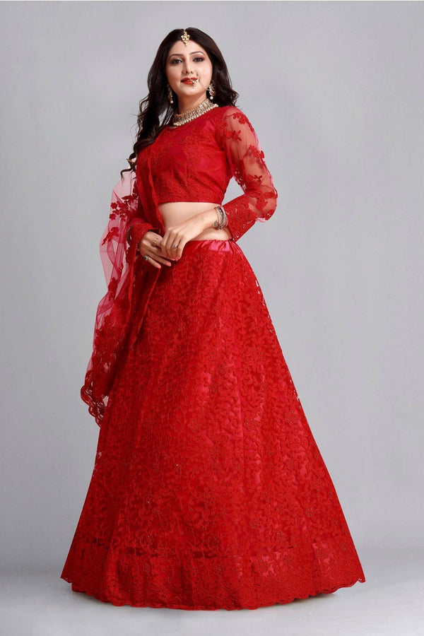 Red Net Lehenga Choli with Detailed Floral Embroidery - Indiakreations