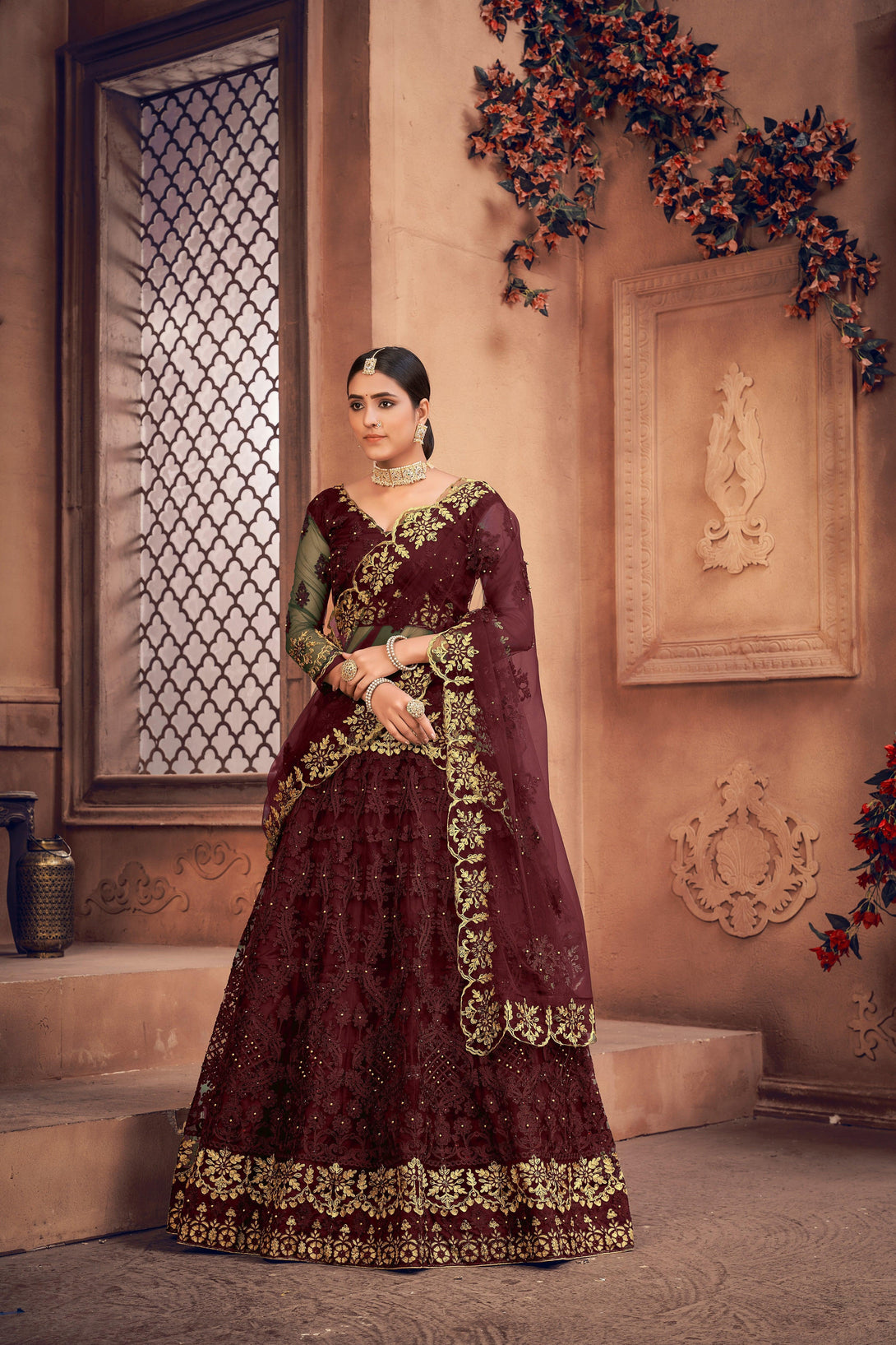 Maroon Heavy Net Lehenga Choli Semi-Stitched - Indiakreations