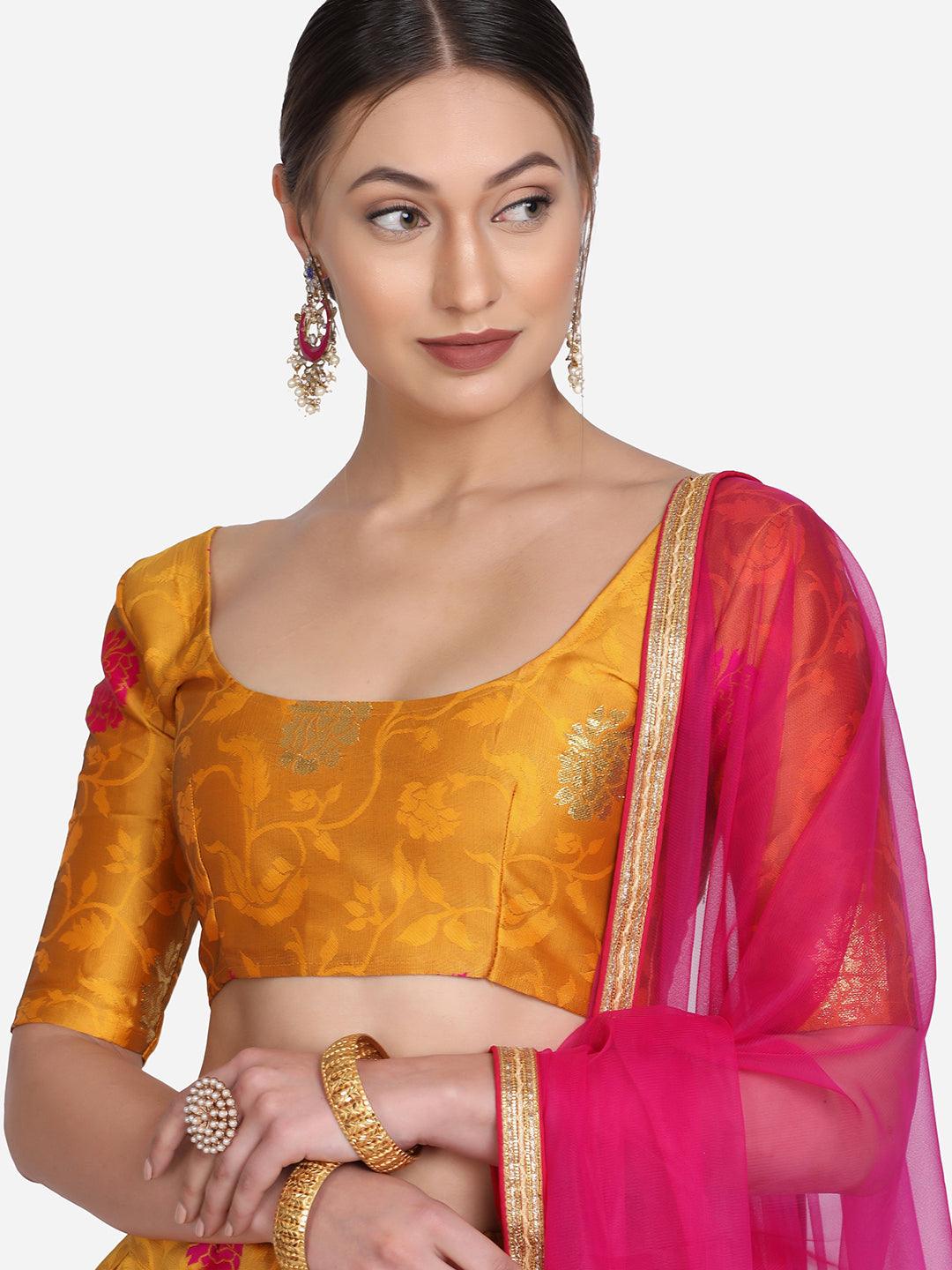 Yellow and Pink Taffeta Silk Lehenga Choli with Zari Work - Indiakreations