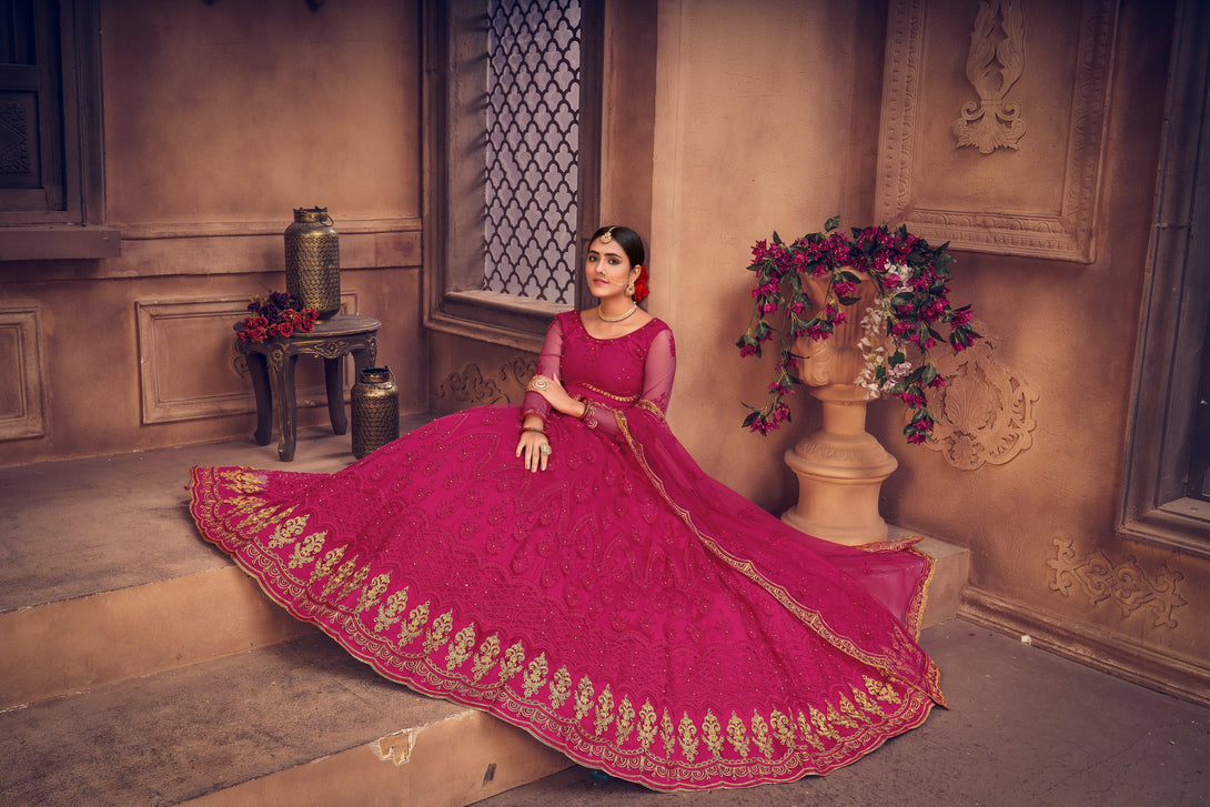 Pink Heavy Net Lehenga Choli with Gold Embroidery - Indiakreations