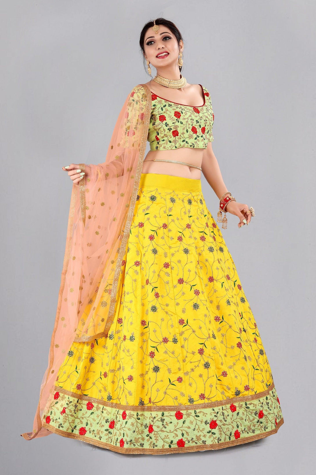 Yellow Multicolour Taffeta Silk Lehenga Choli with Floral Embroidery - Indiakreations