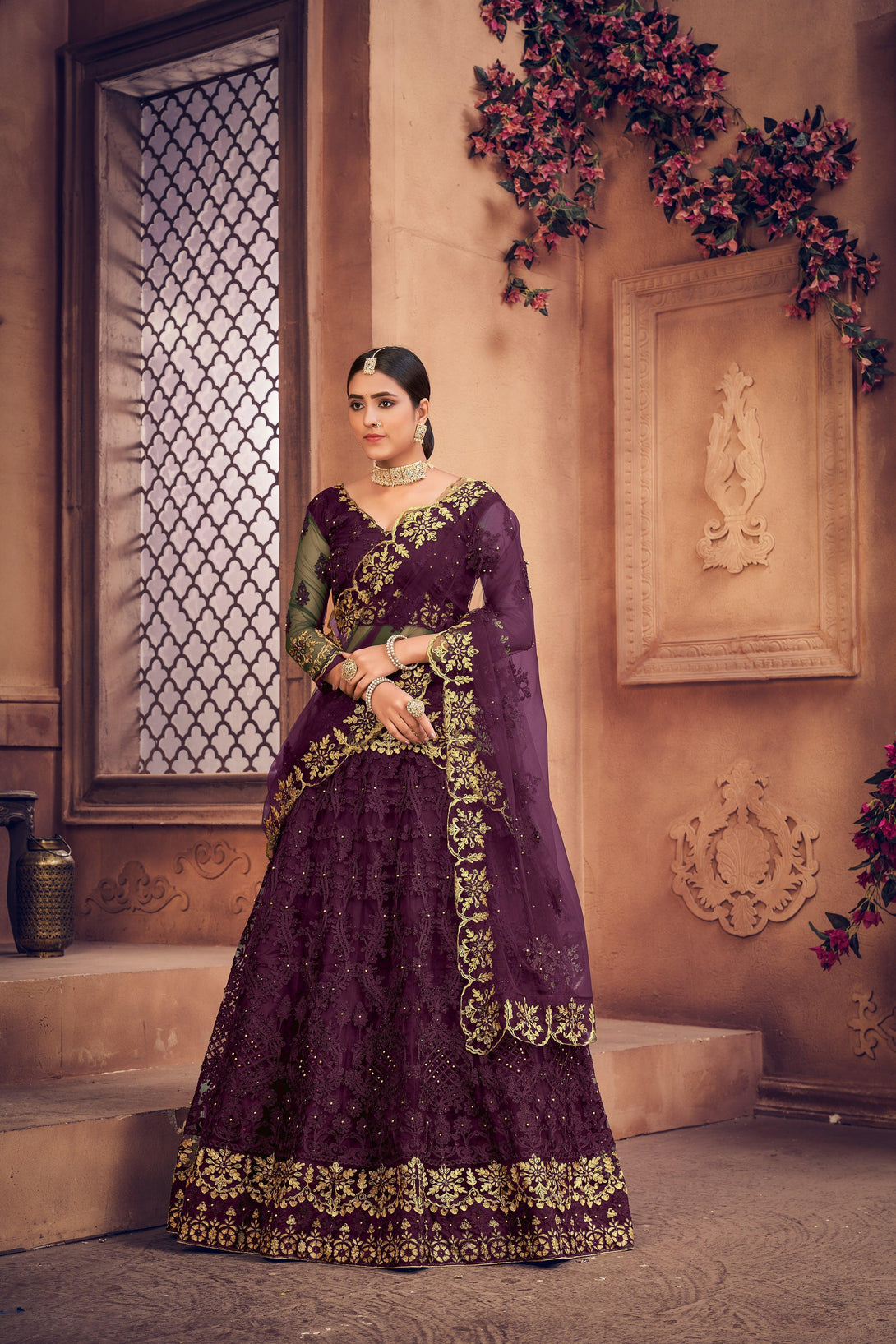 Semi-Stitched Dark Purple Heavy Net Lehenga Choli - Indiakreations