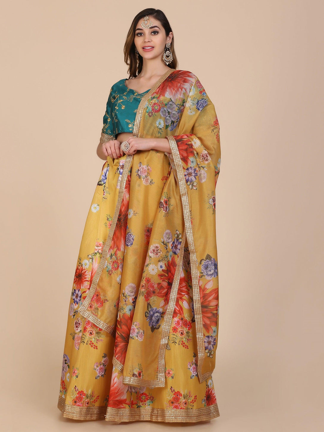 Yellow and Teal Silk Printed Lehenga Choli - Indiakreations