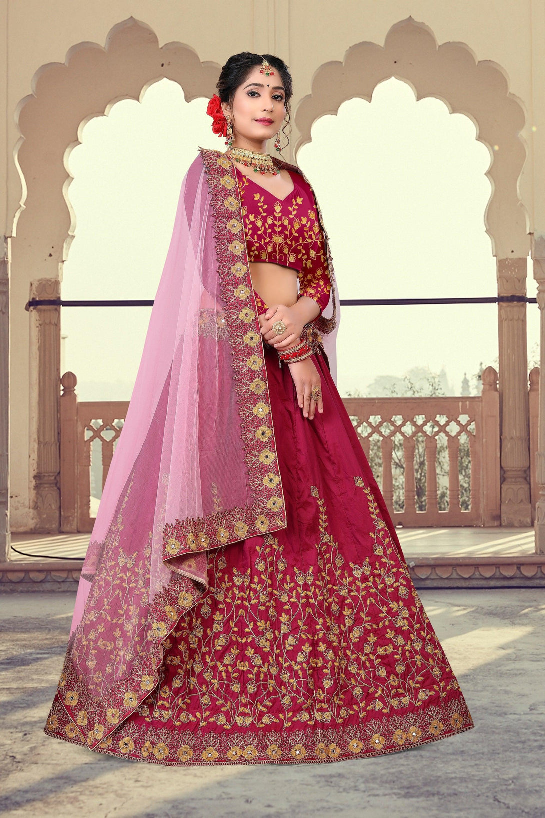 Pink Taffeta Silk Gold Embroidered Lehenga Choli - Indiakreations