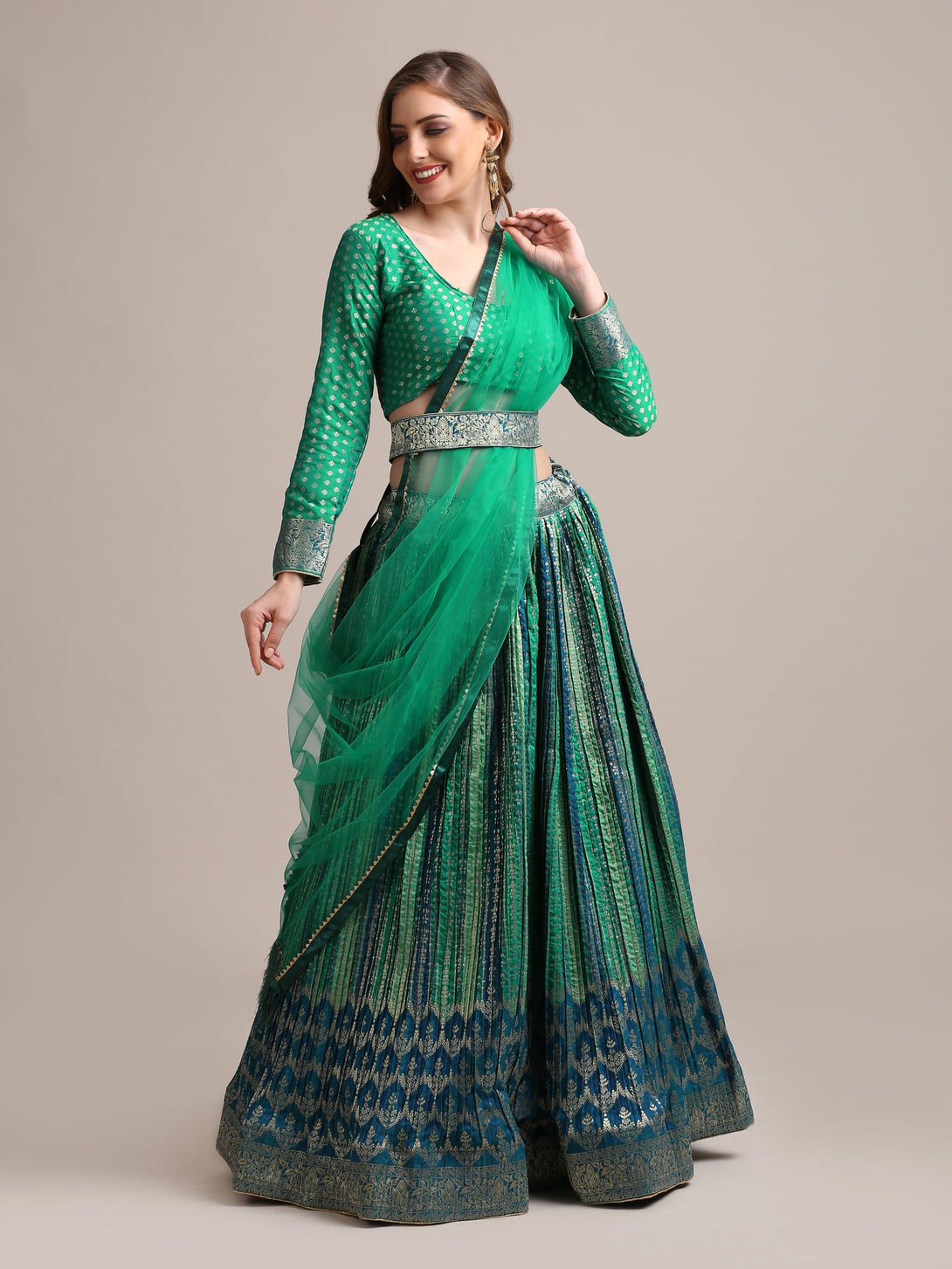 Rama Gold Woven Pleated Lehenga Choli with Belt - Indiakreations