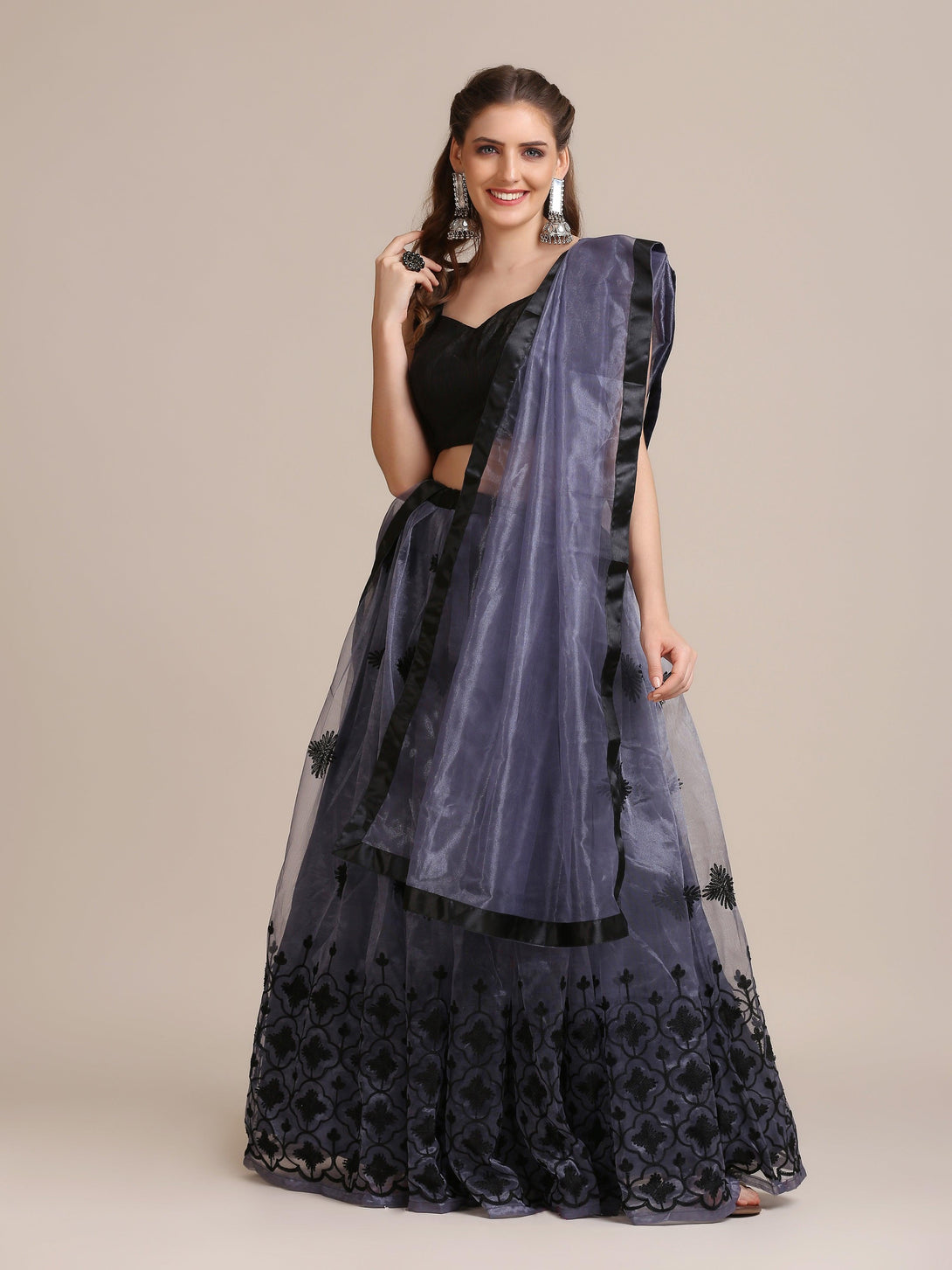 Grey Heavy Net Lehenga Choli Semi-Stitched - Indiakreations