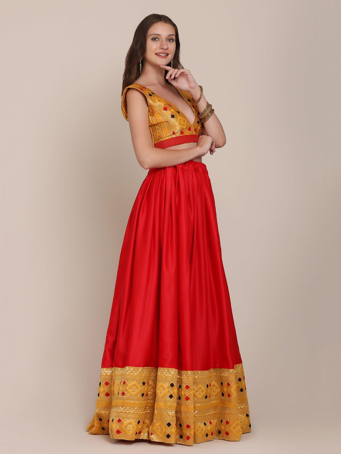 Red and Yellow Satin Silk Lehenga Choli - Indiakreations