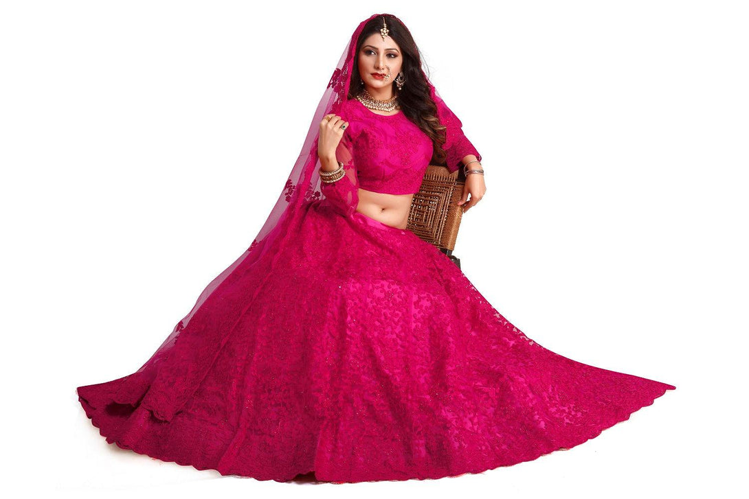 Dark Pink Net Lehenga Choli with Floral Embroidery - Indiakreations