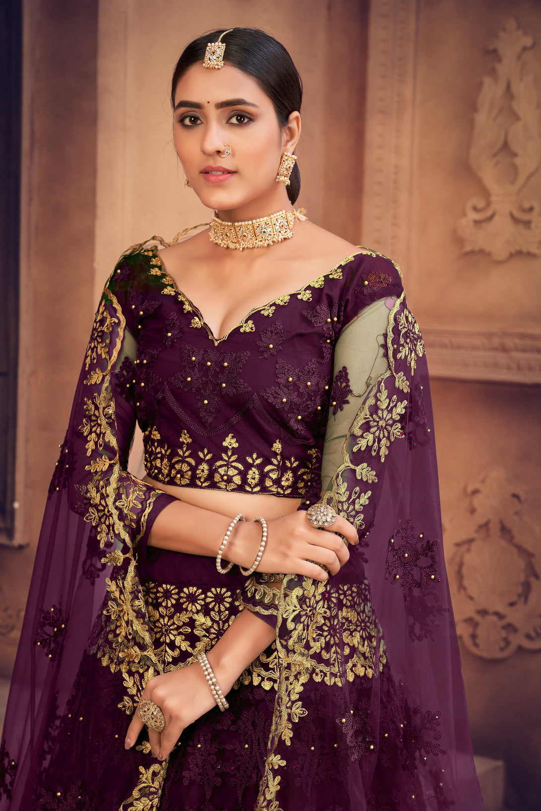 Semi-Stitched Dark Purple Heavy Net Lehenga Choli - Indiakreations