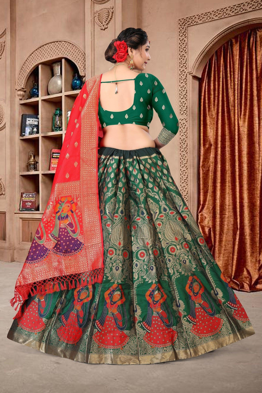 Green Jacquard Silk Lehenga Choli with Emboidery - Indiakreations