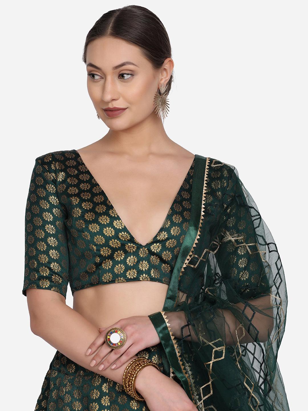 Green Jacquard Silk Lehenga Choli with Zari Work - Indiakreations