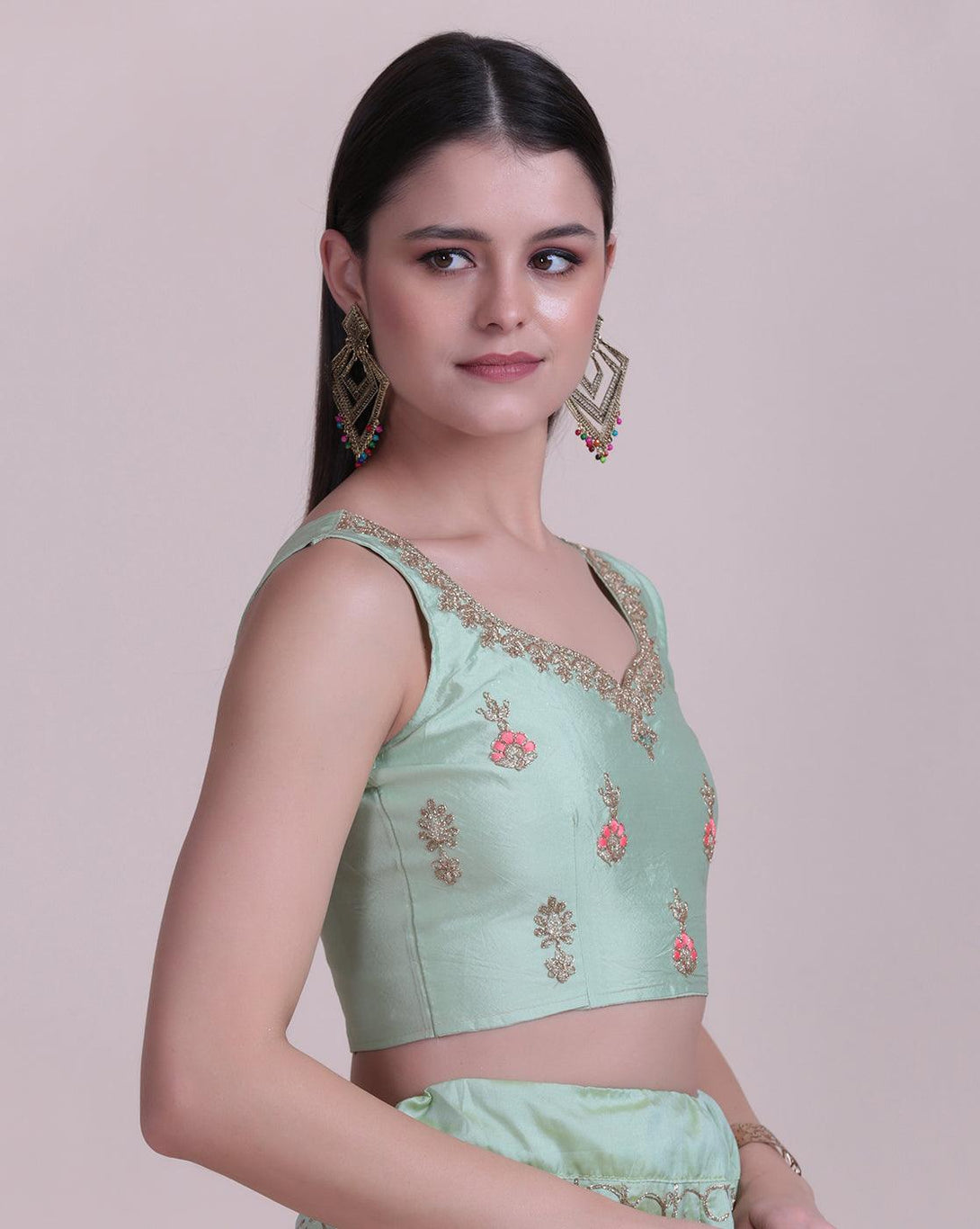 Light Green Taffeta Silk Lehenga Choli with Floral Embroidery - Indiakreations